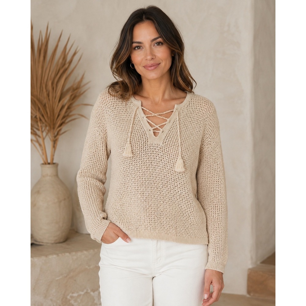 J. Jill Sweater Women Medium Petite Beige Lace Up Tassel Open Knit Crochet Top